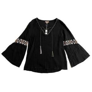 NEW LILLA P women's boho gauze cotton tunic peasant blouse in black